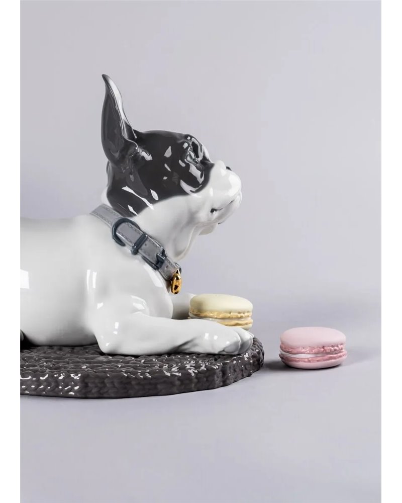 Figura perro Bulldog francés con macarons