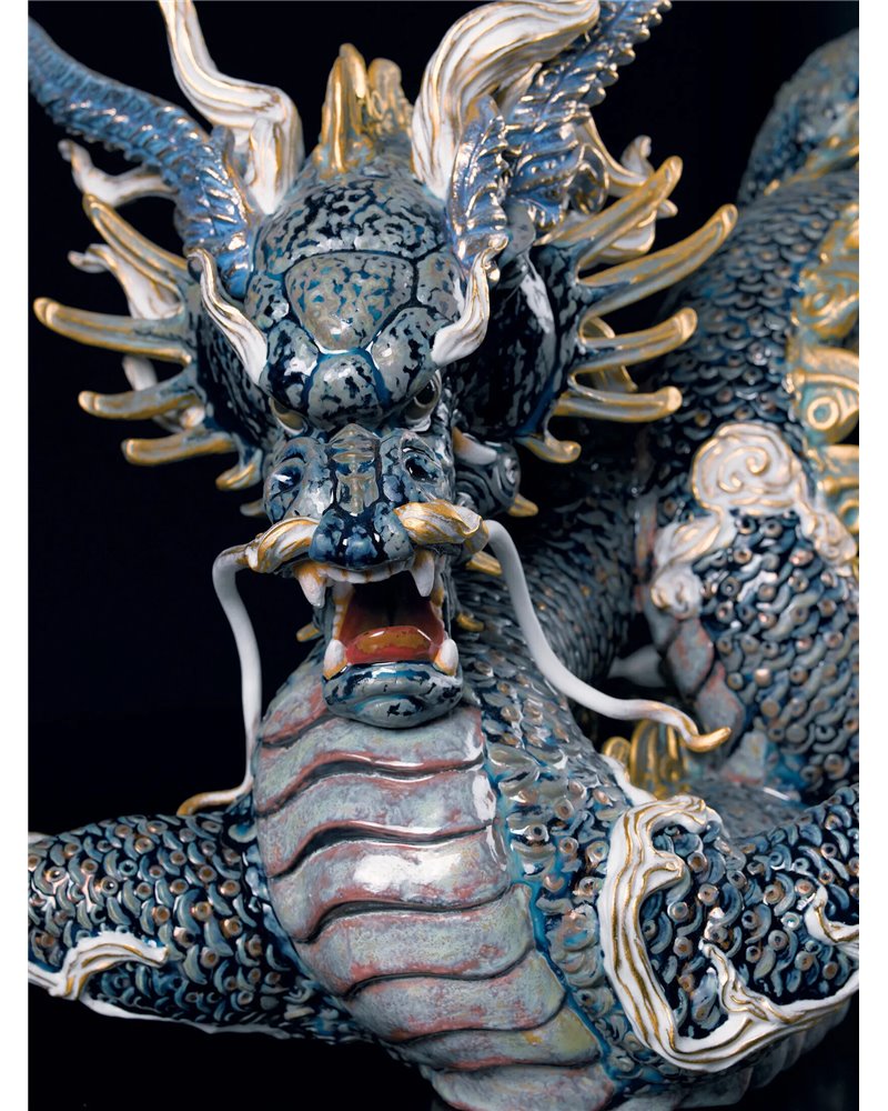 Escultura Gran Dragón. Lustre oro y azul. Serie limitada