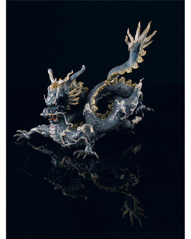 Escultura Gran Dragón. Lustre oro y azul. Serie limitada