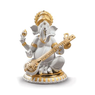 Figura Ganesha con Veena. Lustre oro