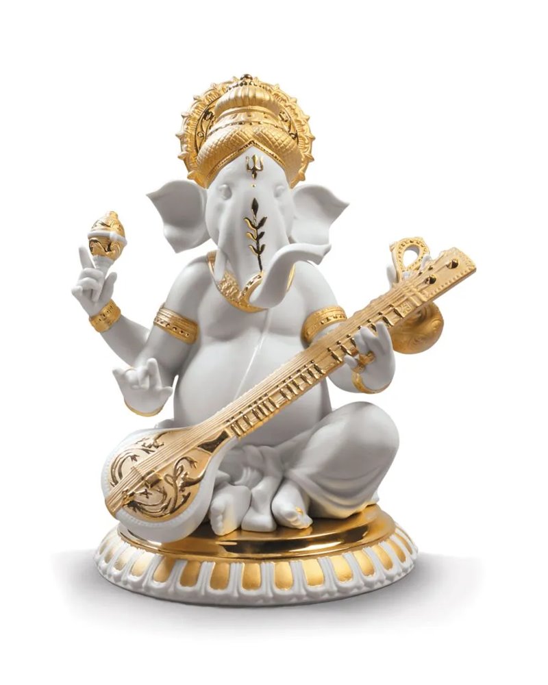 Figura Ganesha con Veena. Lustre oro