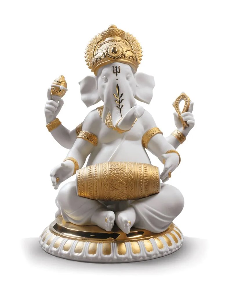 Figura Ganesha con Mridangam. Lustre oro