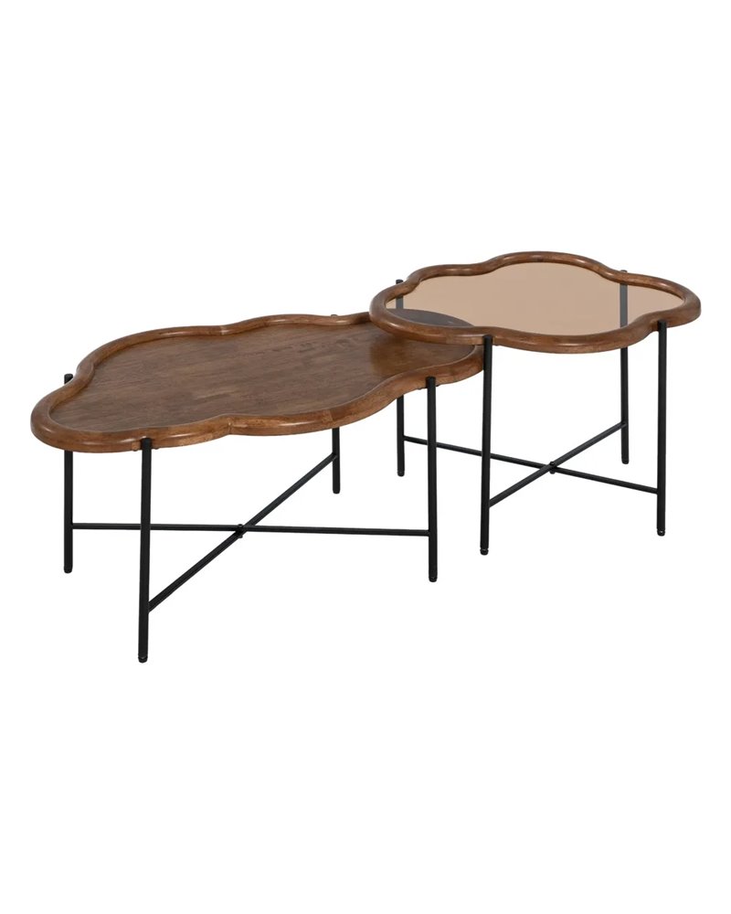 MESA CENTRO NATURAL MADERA / CRISTAL 89 X 50 X 40 CM SET DE 2